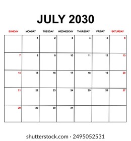 july 2030. Calendar with holydays or red dates. monthly calendar design with week starts on sunday. printable, simple, and clean vector design isolated on white background.