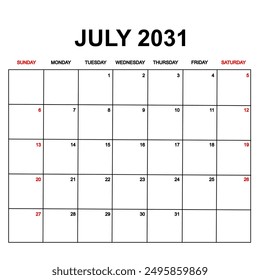 july 2031. Calendar with holydays or red dates. monthly calendar design with week starts on sunday. printable, simple, and clean vector design isolated on white background.