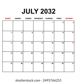 july 2032. Calendar with holydays or red dates. monthly calendar design with week starts on sunday. printable, simple, and clean vector design isolated on white background.