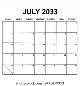 july 2033. Calendar with holydays or red dates. monthly calendar design with week starts on sunday. printable, simple, and clean vector design isolated on white background.