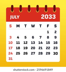 July 2033. Calendar 2033. Vector Illustration. Julysparks excitement with fireworks, fun adventures, and summer joy. A time for celebration, freedom, and creating unforgettable memories.