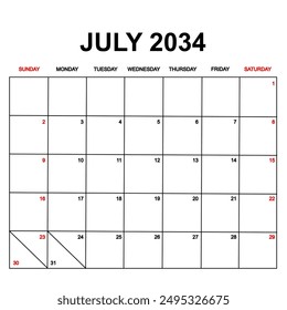 july 2034. Calendar with holydays or red dates. monthly calendar design with week starts on sunday. printable, simple, and clean vector design isolated on white background.