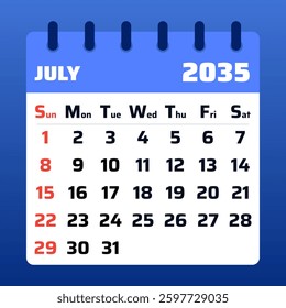 July 2035 Calendar Template. Vector Illustration of a Summer Planner. Monthly Organizer