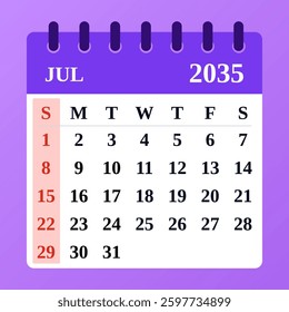 July 2035 Calendar Template. Vector design. Independence Day theme. Flat style.