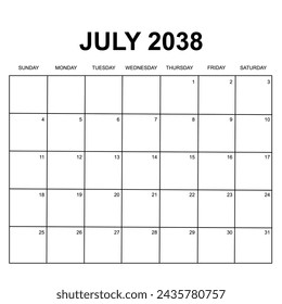 july 2038 calendar. week starts on Sunday. printable, simple, and clean calendar design. vector design isolated on white background.