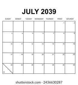 july 2039. monthly calendar for 2039. week starts on sunday. printable, simple, and clear design isolated on white background. calendar vector design.