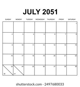 july 2051. monthly calendar design. week starts on sunday. printable, simple, and clean vector design isolated on white background.