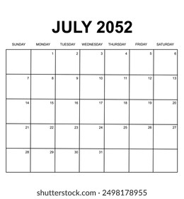 july 2052. monthly calendar design. week starts on sunday. printable, simple, and clean vector design isolated on white background.