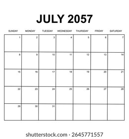 julho 2057. design de calendário mensal. semana começa no domingo. impresso, editável, simples e design de vetor limpo isolado no fundo branco.