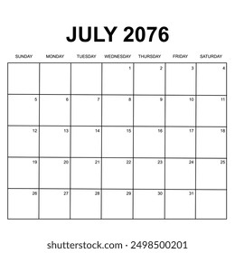 july 2076. monthly calendar design. week starts on sunday. printable, simple, and clean vector design isolated on white background.