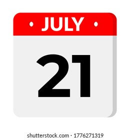 July 21  – Calendar Icon. Calendar icon with shadow. Flat style. Date, day and month. Reminder, Vector Illustration. Organizer application, app symbol. Ui. User interface sign.