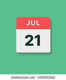 Icono del calendario 21 de julio, ilustración plana vectorial. colores rojo, gris y verde.