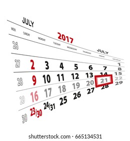 July 21, highlighted on 2017 calendar. Vector Illustration.