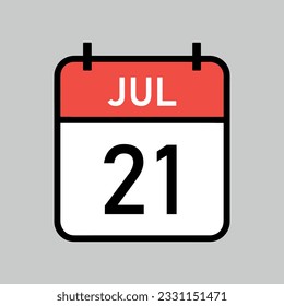 july 21 red and white color calendar page with black outline, calendar date vector illustration