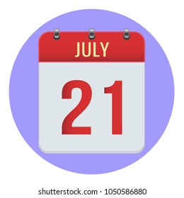 July 21. Vector flat daily calendar icon. Date and time, day, month 2018. Holiday. Season.