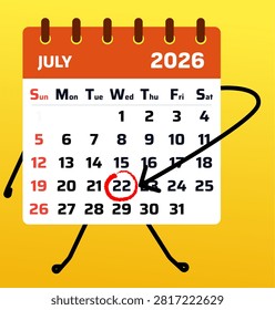 July 22 2026 marked on a yellow monthly calendar, circled in red with hand drawn arrows. Date reminder graphic for deadlines, appointments and event announcements