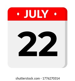 July 22 – Calendar Icon. Calendar icon with shadow. Flat style. Date, day and month. Reminder, Vector Illustration. Organizer application, app symbol. Ui. User interface sign.