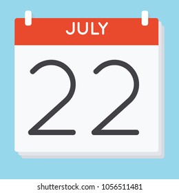 July 22. Calendar icon. Vector illustration in flat design isolated in blue background. Date and time, day, month.