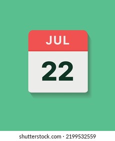 July 22 calendar icon, vector flat illustration. red, gray and green colors.
