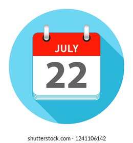 July 22 Date on a Single Day Calendar in Flat Style with long flat shadow on a blue background