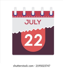 July 22. Vector flat daily calendar icon. Date and time, day, month. Holiday. Season. White Background