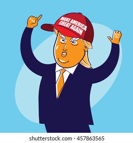 JULY 23, 2016: Illustrative editorial cartoon of USA Republican presidential candidate Donald Trump wearing his baseball cap. EPS 10 vector.