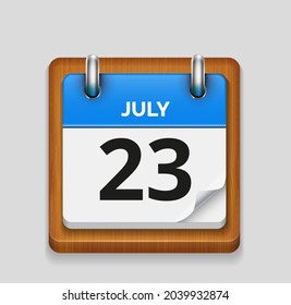 July 23 blue daily realistic calendar with wooden frame icon date vector image