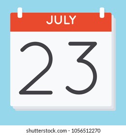 July 23. Calendar icon. Vector illustration in flat design isolated in blue background. Date and time, day, month.