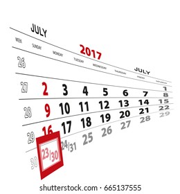 July 23, highlighted on 2017 calendar. Vector Illustration.