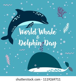 July 23 - the world day of whales and dolphins poster. Whale and Dolphin together.