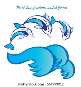 July 23 - the world day of whales and dolphins. Emblem. Three dolphins jumping over the waves.