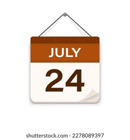24 de julio, icono del calendario con sombra. Día, mes. Hora de cita de la reunión. Fecha de programación del evento. Ilustración vectorial plana. 