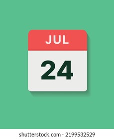 Icono del calendario 24 de julio, ilustración plana vectorial. colores rojo, gris y verde.