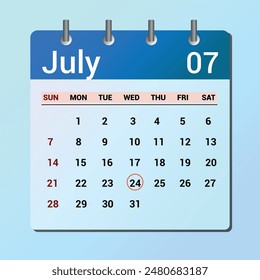 July 24. Flat icon calendar isolated on blue background. Date and month vector illustration