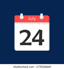 24 de julio. Icono de calendario diario plano vectorial. Fecha y hora, día, mes. Vacaciones.