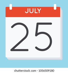 July 25. Calendar icon. Vector illustration in flat design isolated in blue background. Date and time, day, month.