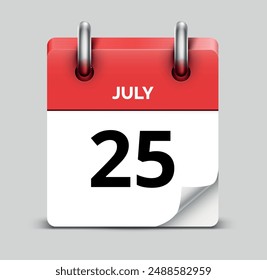 July 25 daily realistic red calendar icon date vector image