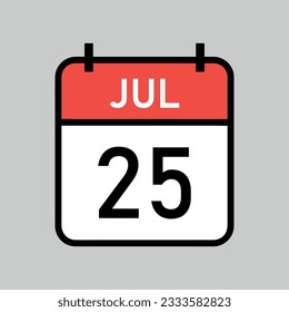 july 25 red and white color calendar page with black outline, calendar date vector illustration