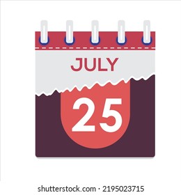 July 25. Vector flat daily calendar icon. Date and time, day, month. Holiday. Season. White Background