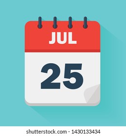 July 25th. Daily calendar icon in vector format.  Date, time, day, month. Holidays