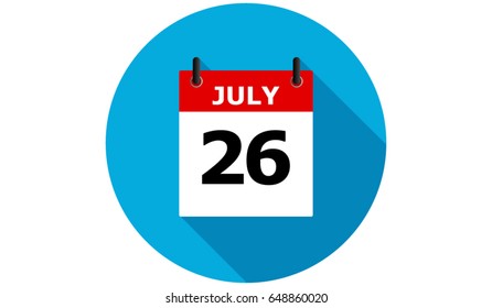 july 26 blue calendar vector flat icon with long shadow