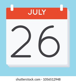 July 26. Calendar icon. Vector illustration in flat design isolated in blue background. Date and time, day, month.