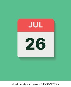 Icono del calendario 26 de julio, ilustración plana vectorial. colores rojo, gris y verde.