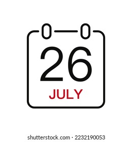Fecha del 26 de julio en el calendario, icono de trazo de línea vectorial para la interfaz de usuario. Calendario con fecha, ilustración vectorial.