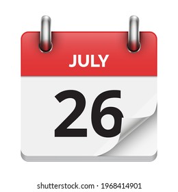 26 de julio calendario diario plano realista fecha de icono vectorial imagen