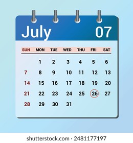 July 26. Flat icon calendar isolated on blue background. Date and month vector illustration