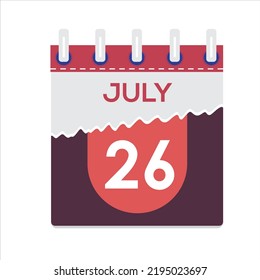 July 26. Vector flat daily calendar icon. Date and time, day, month. Holiday. Season. White Background