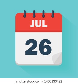 July 26th. Daily Calendar Icon In Vector Format.  Date, Time, Day, Month. Holidays