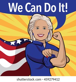
JULY 27, 2016: Illustrative Editorial Cartoon Of Smiling Hillary Clinton As Rosie The Riveter. EPS 10 Vector.