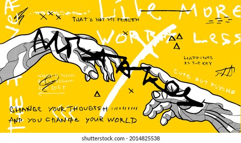 July. 27, 2021: The Creation Of Adam By Italian Artist Michelangelo. Yellow Hand Lettering Modern Design.